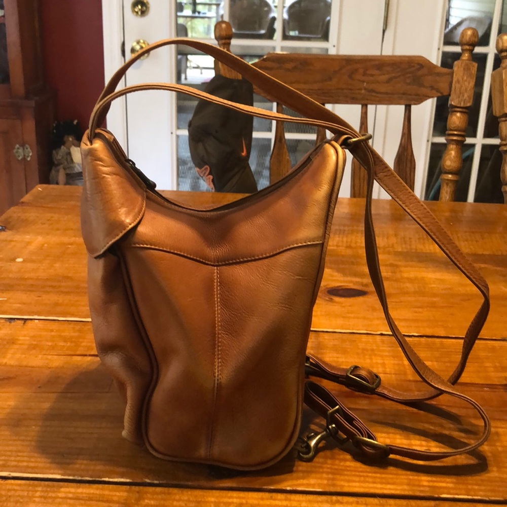 Vintage golden brown leather backpack/purse.  GUC!